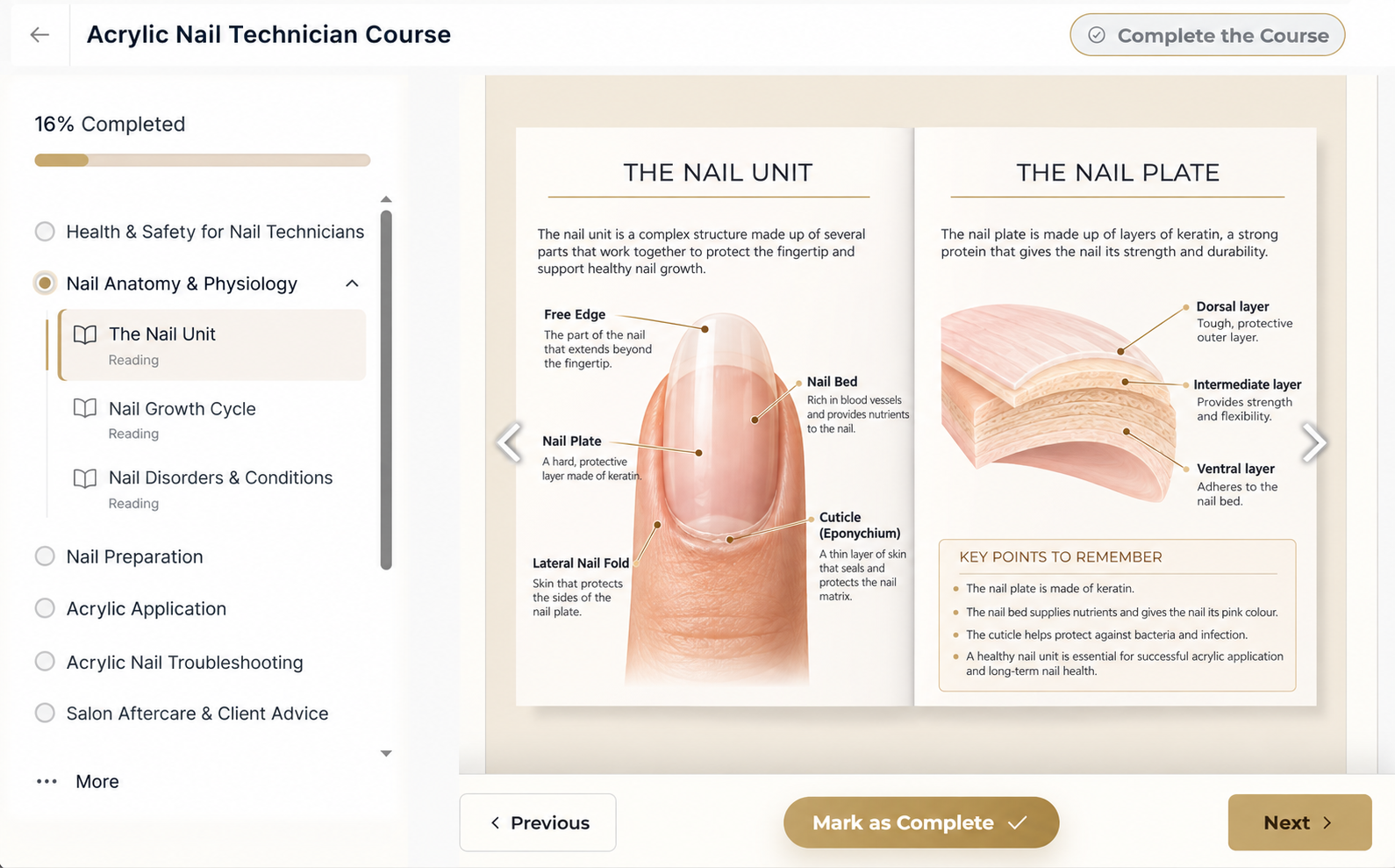The Acrylic Nail Technician Course learning area on a laptop
