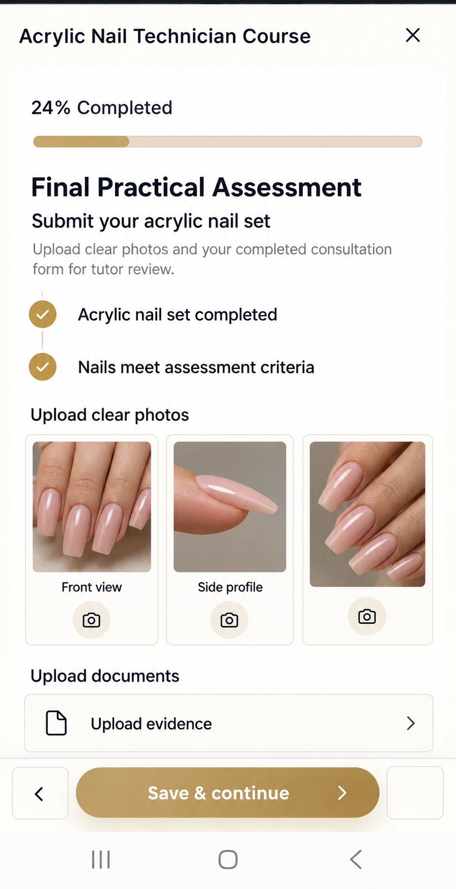 Acrylic nail final practical assessment on a phone