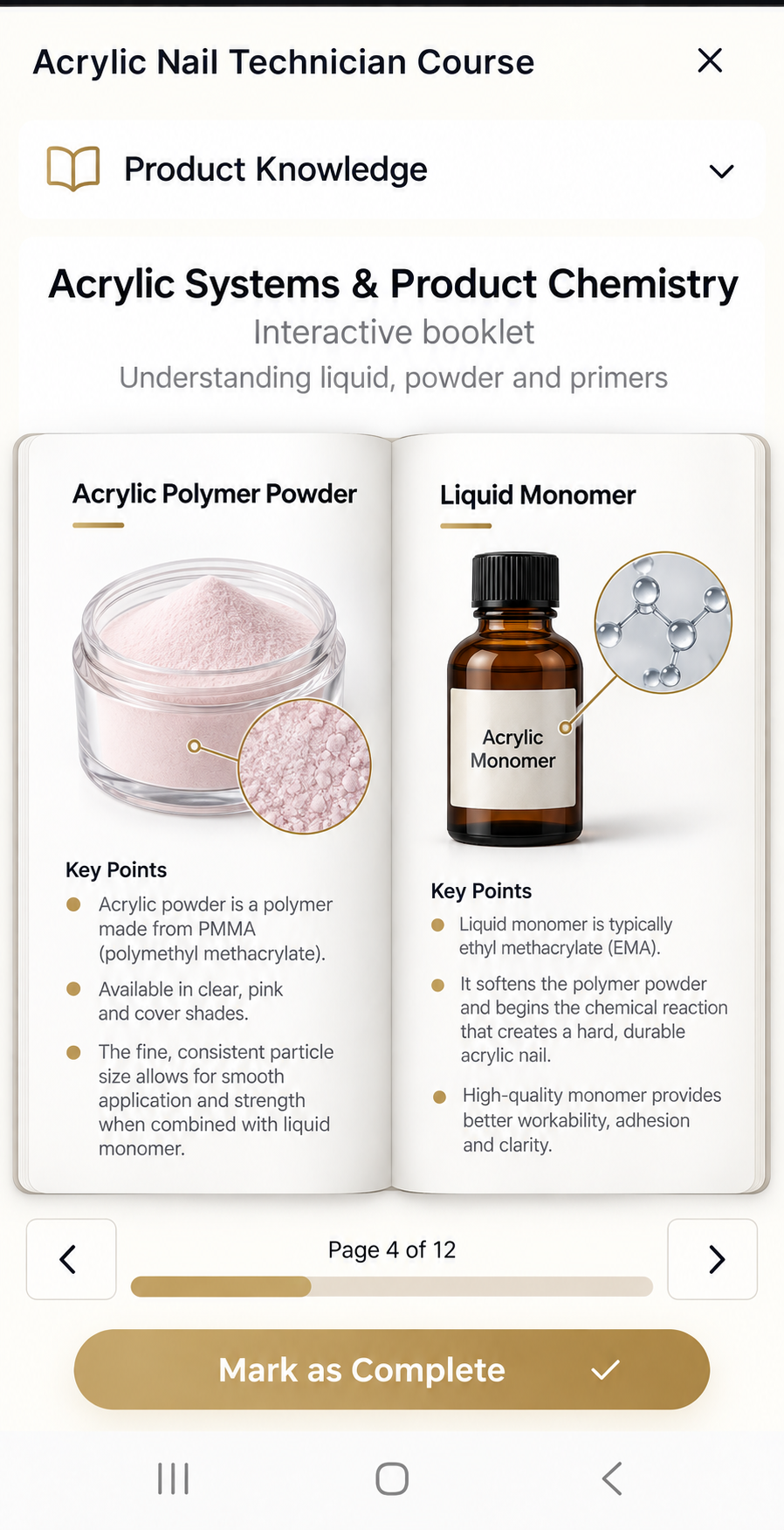 Acrylic nail product knowledge booklet on a phone