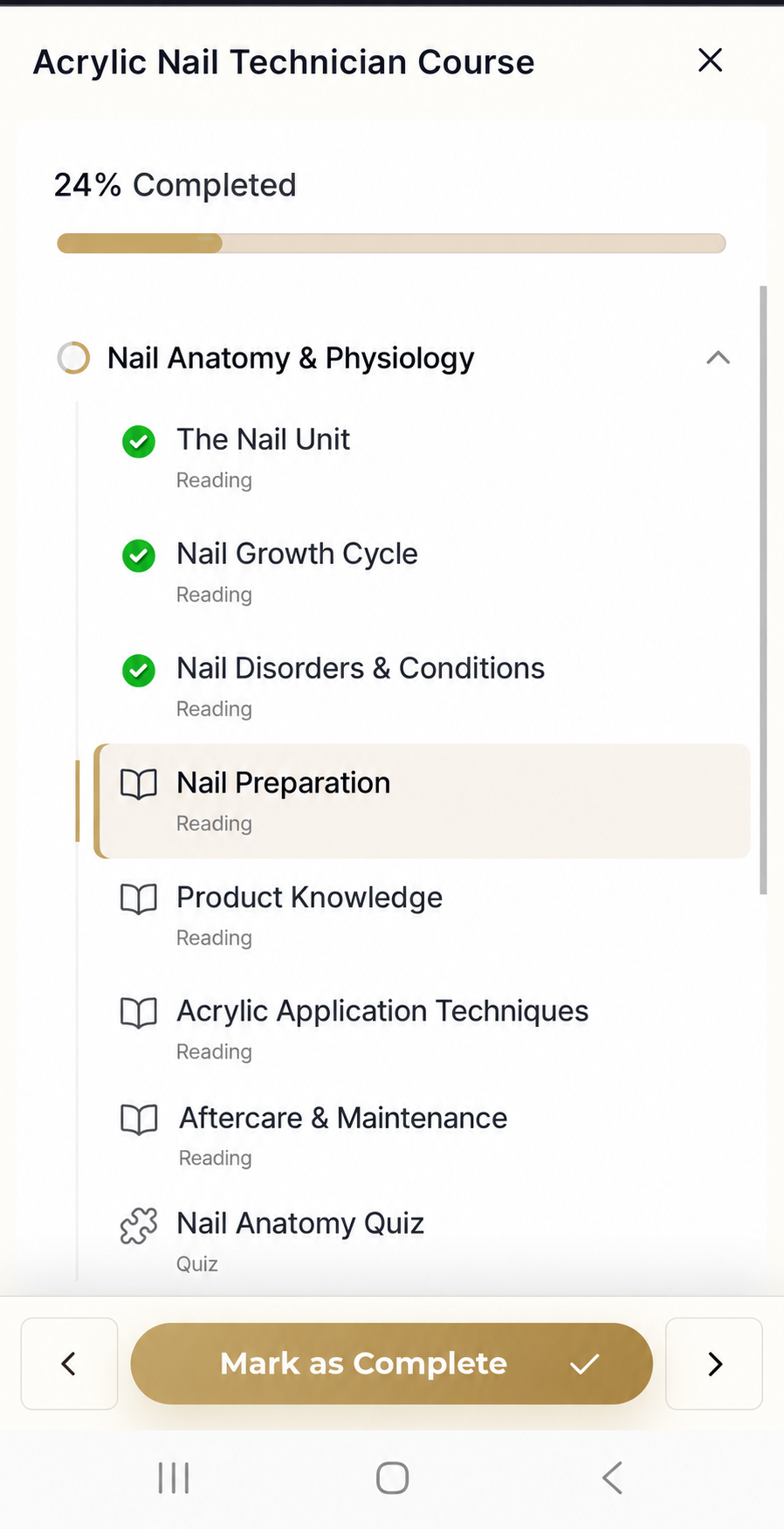 Acrylic Nail Technician Course lessons and progress on a phone