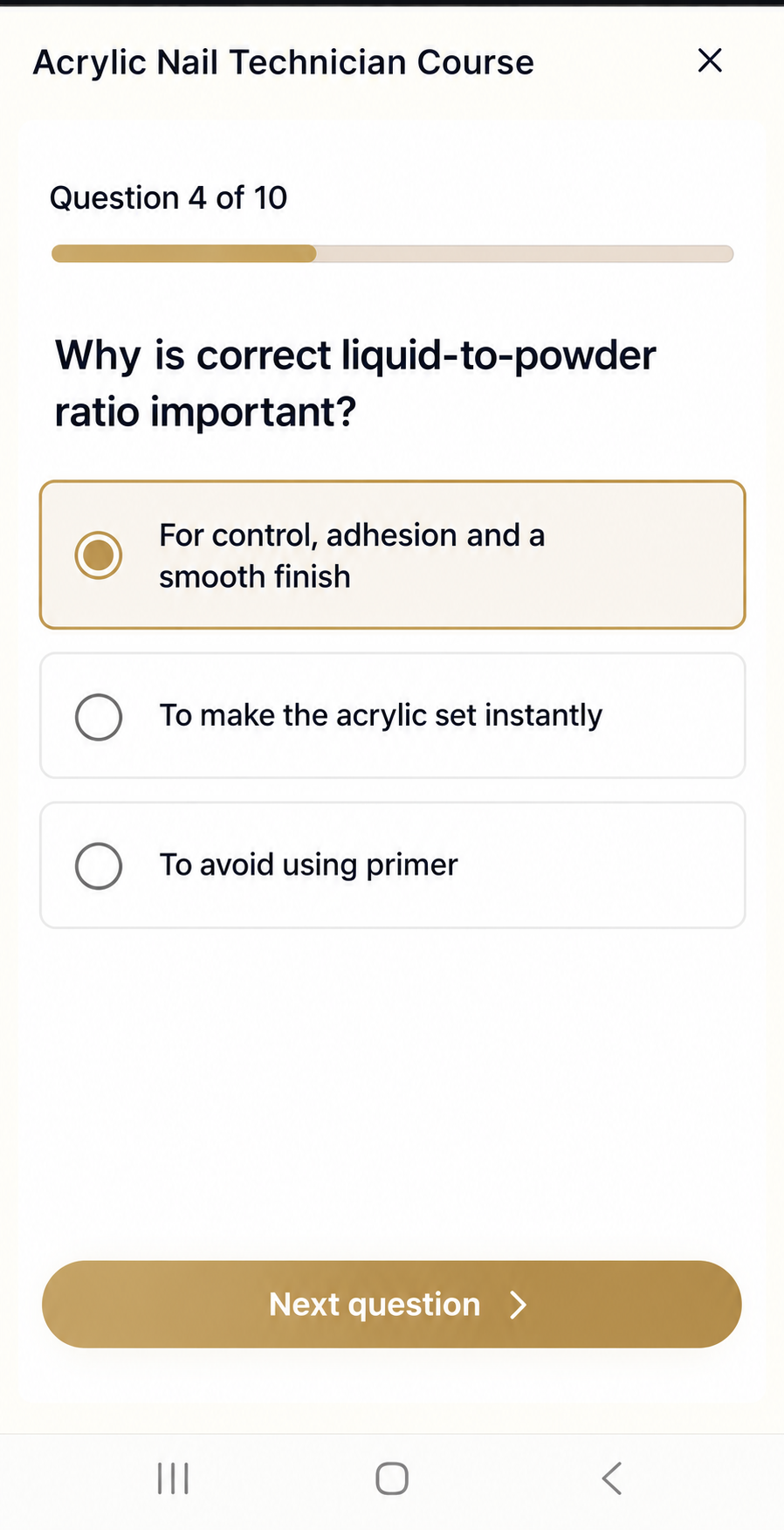 Acrylic nail knowledge quiz on a phone