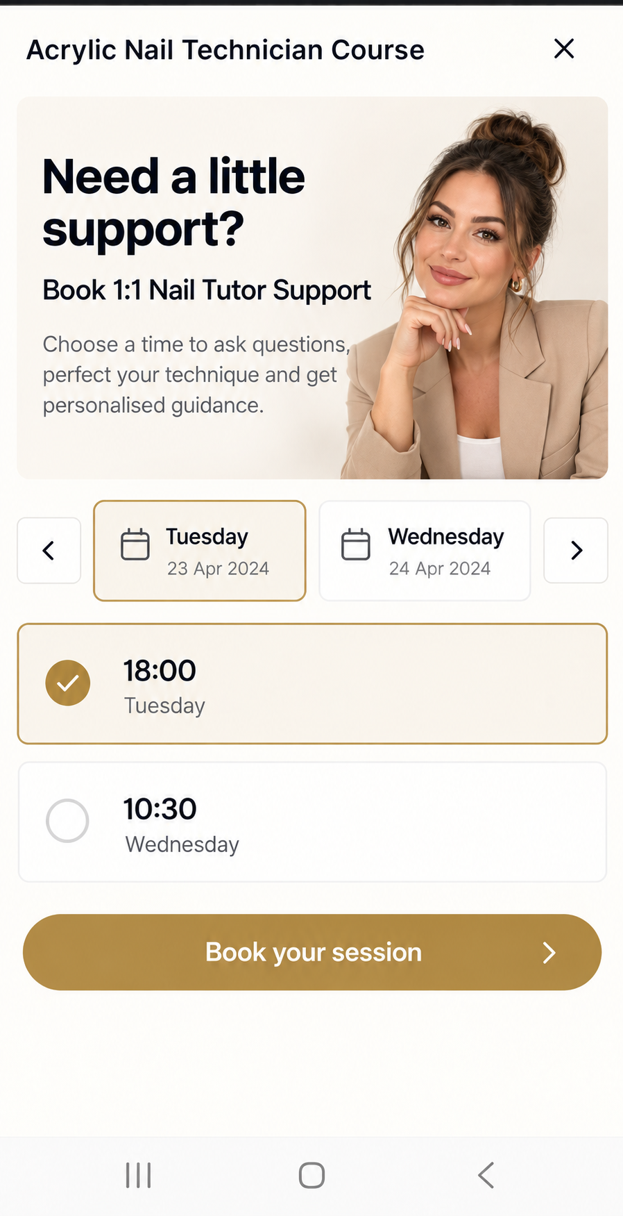 Acrylic nail tutor support booking on a phone