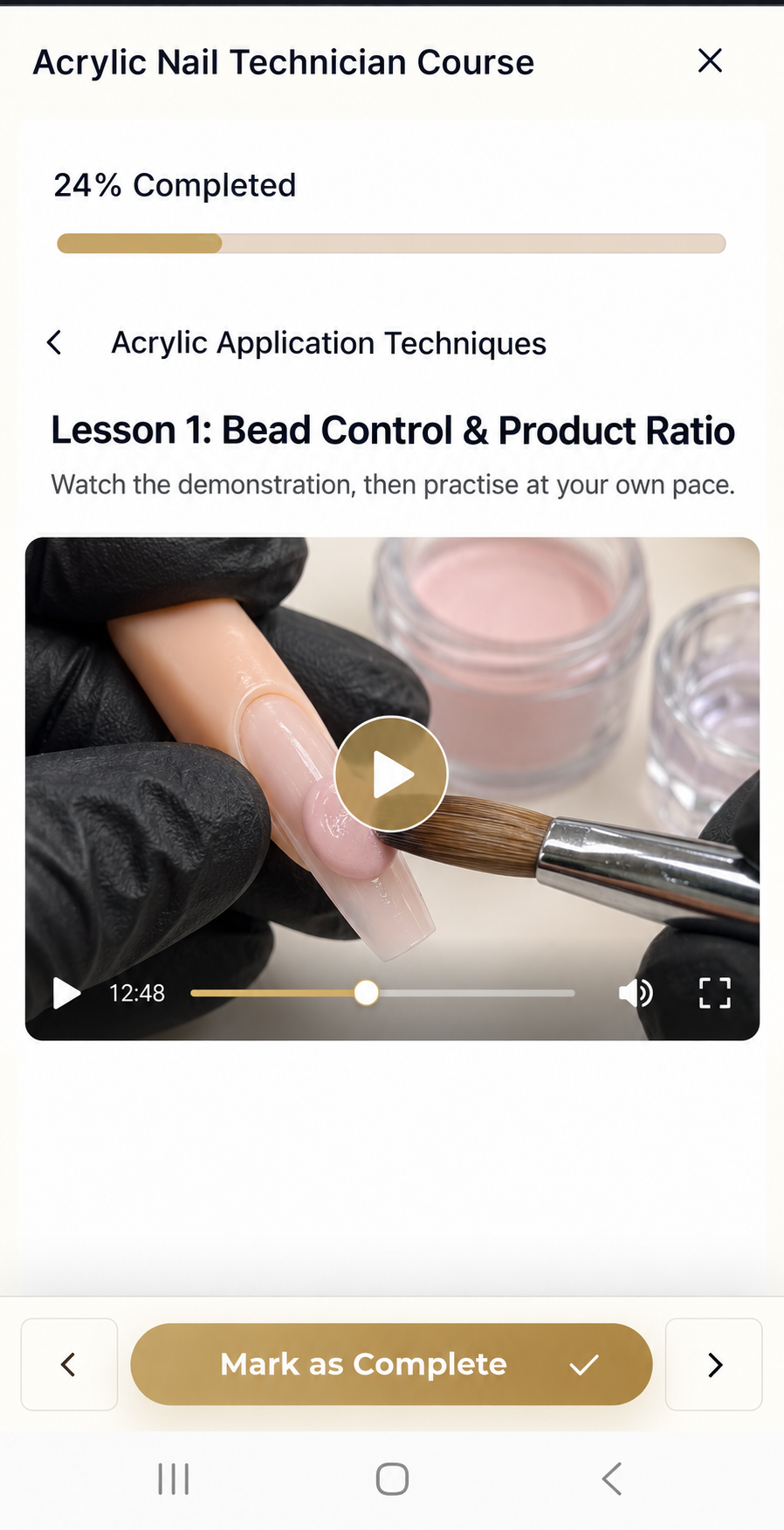 Acrylic nail application video lesson on a phone